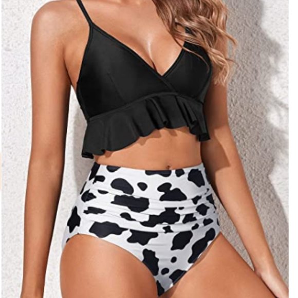 Cow Print Two Piece Swimsuits High Waisted Bikini Set - Picture 5 of 6